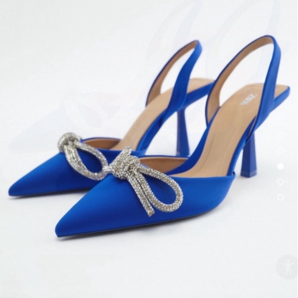 Zara Elegant Blue Women's Slingback Heels with Embellished Bow Accent